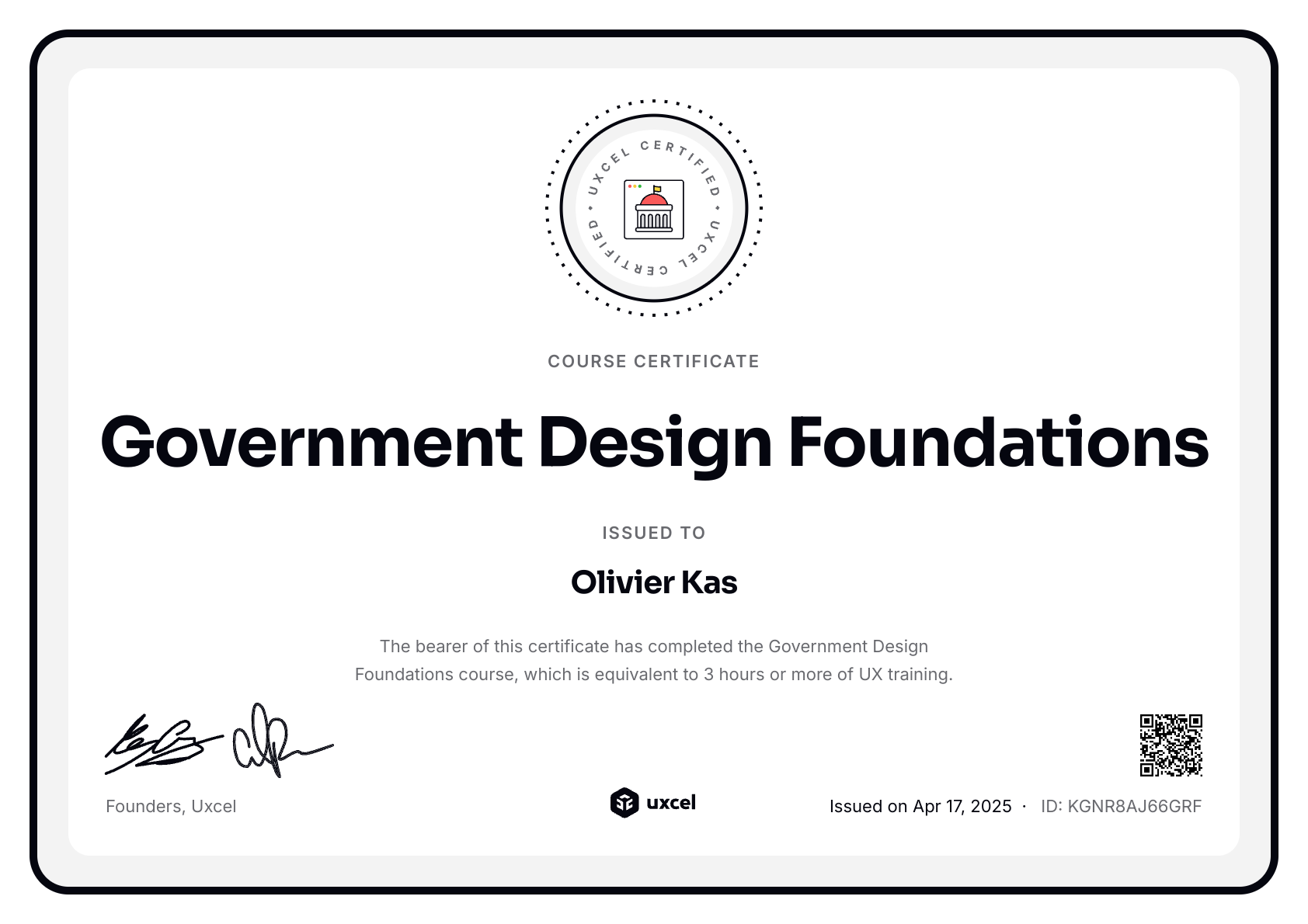 Olivier Kas's certificate